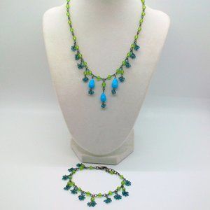 Green & Turquoise Color Beaded Dangle Necklace & Bracelet Set